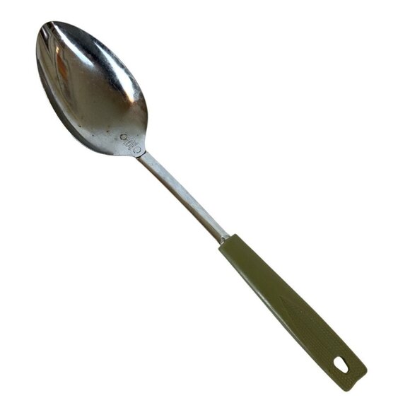 Vintage Ekco USA Solid Cooking Spoon Chromium Plated Avocado Green Handle - Picture 1 of 4